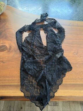 Black Lace Halter Teddy Bodysuit - Women Intimates
